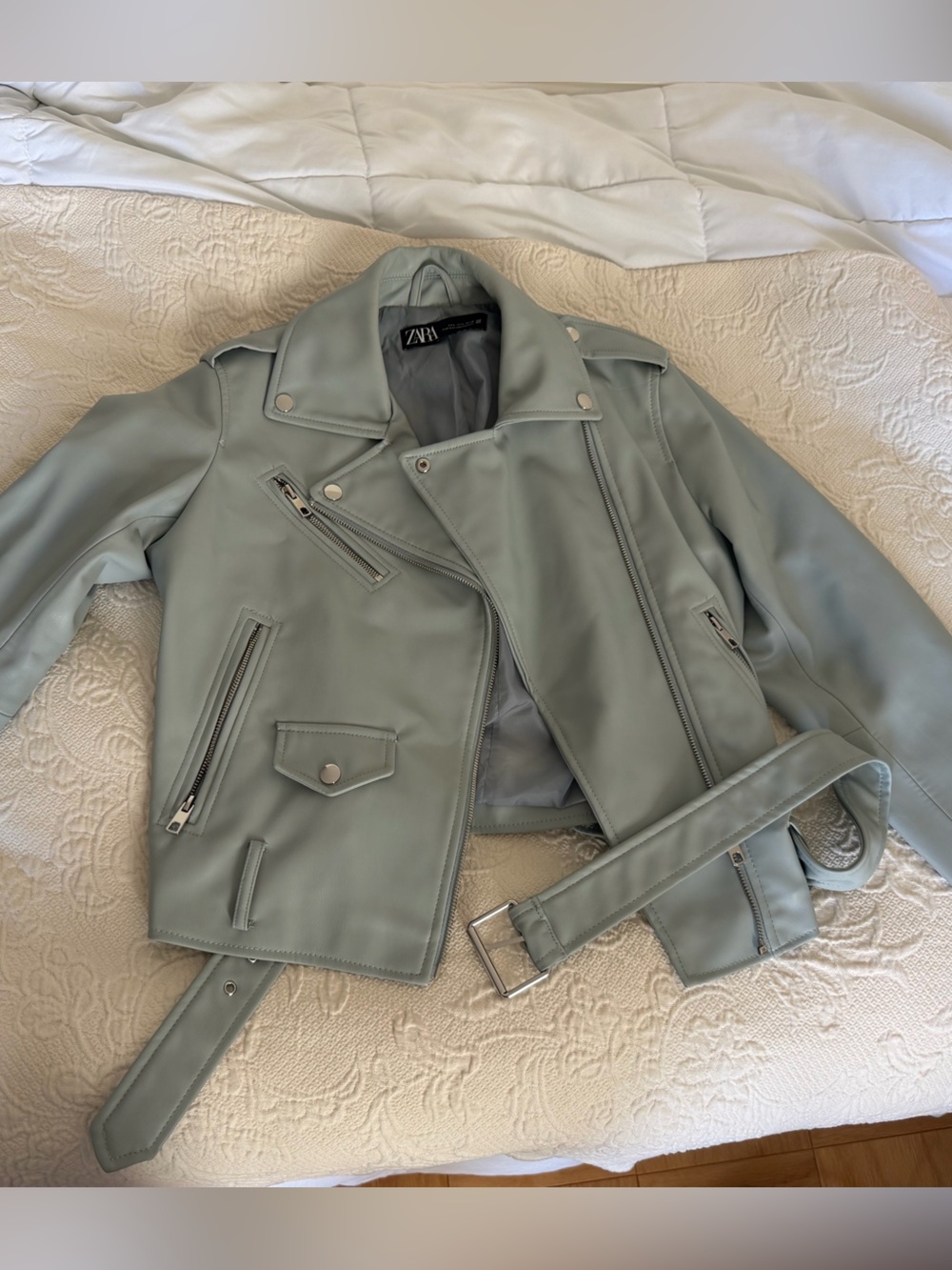 Zara Pale Blue Faux Leather Biker Jacket